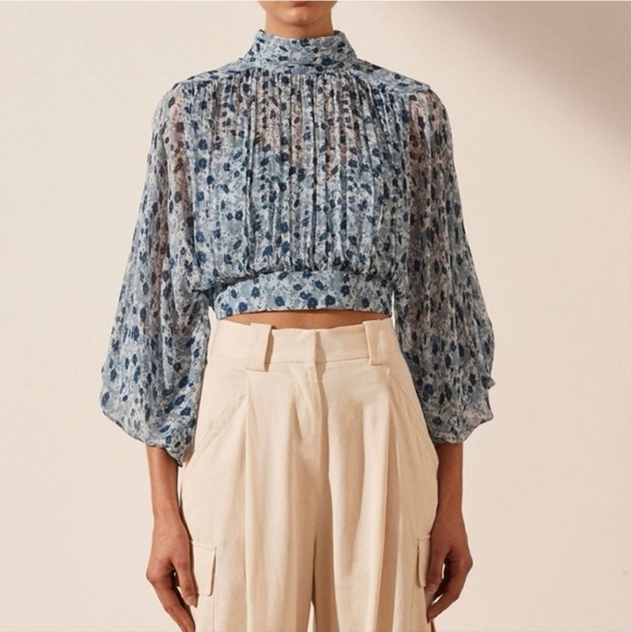 Shona Joy Francesca High Neck Balloon Sleeve Open Back Tie Crop Top Blouse 2 - Picture 3 of 16